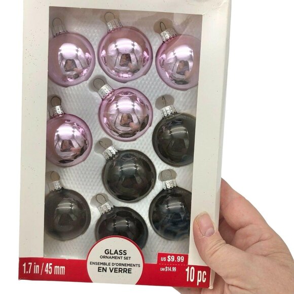 10 Pc Celebrate It! Christmas Glass Ornament Set 1.7 In / 45 Mm Pink & Black - Picture 6 of 6